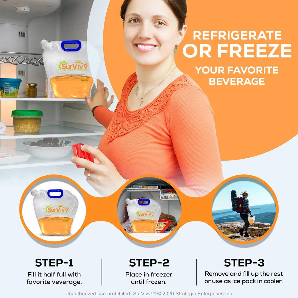 Premium Collapsible Water Container Bag, No-Leak, Freezable, Odorless, Flat Folding, BPA Free Food Grade Clear Plastic Storage bottle for Sports Outdoors Camping Hiking Backpack 1.3/2.6 Gallon