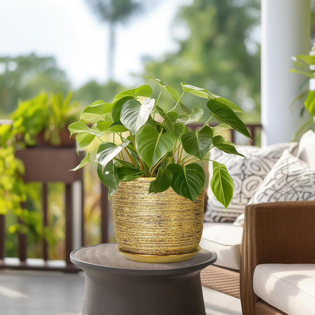 8 Inch Plant Pot - Ceramic Planter with Drainage Hole and Saucer, Modern Round Planter for Indoor Flowers, Gifts for Plant Lovers, Home House Office Room Decor, Gold