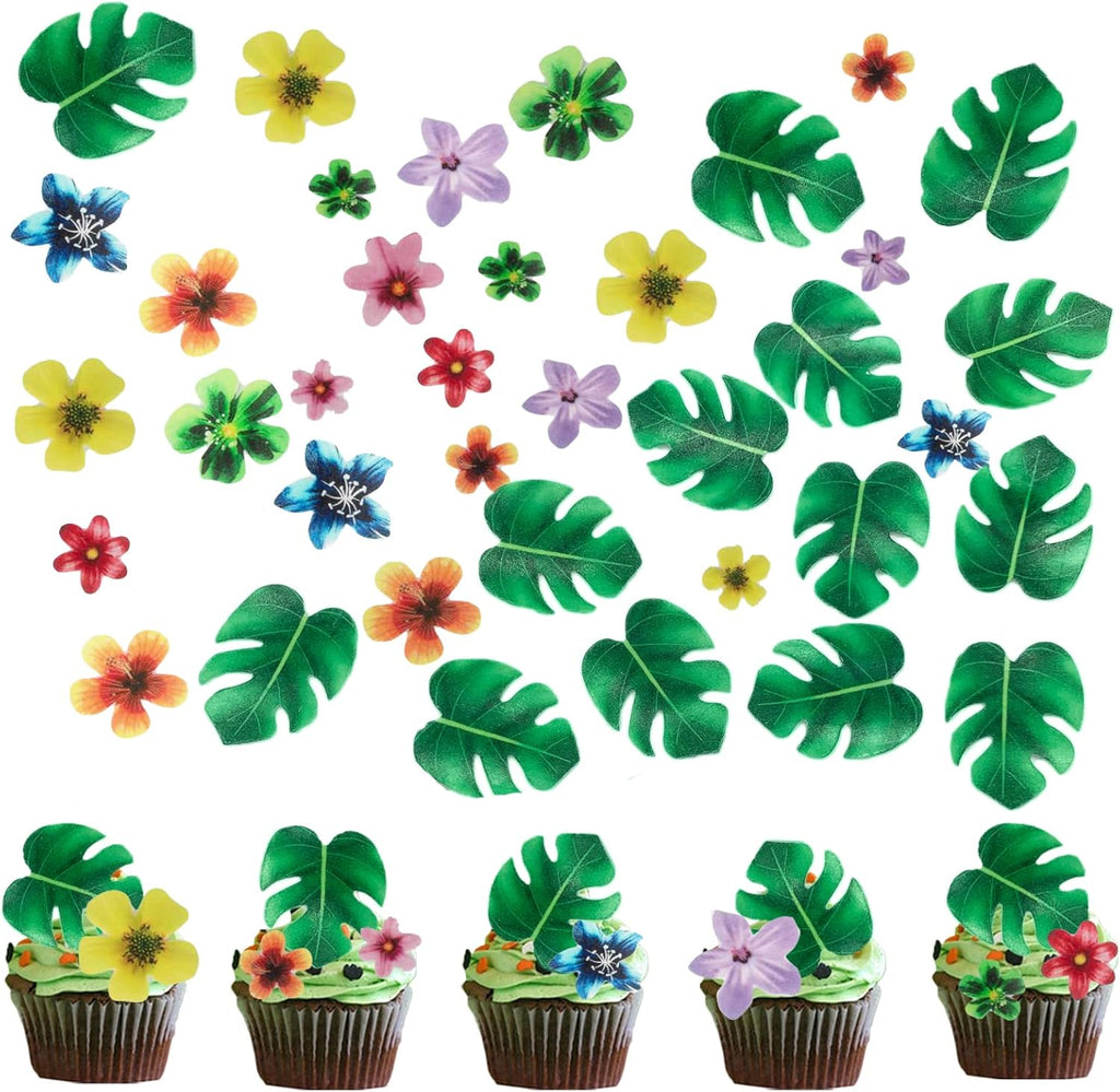 64Pcs Tropical Palm Leaves and Hawaii Flowers Cupcake Toppers Hawaii Theme Cake Decoration for Jungle Summer Party Birthday Wedding Cake Decor