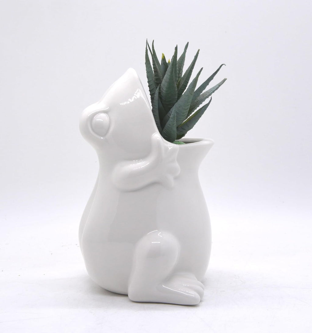 Ceramic Frog Shaped Plant Pot for Bonsai Flower Succulent Planter Candy Dish Pencil Holder Decor Multipurpose Frog Gift (7" White)