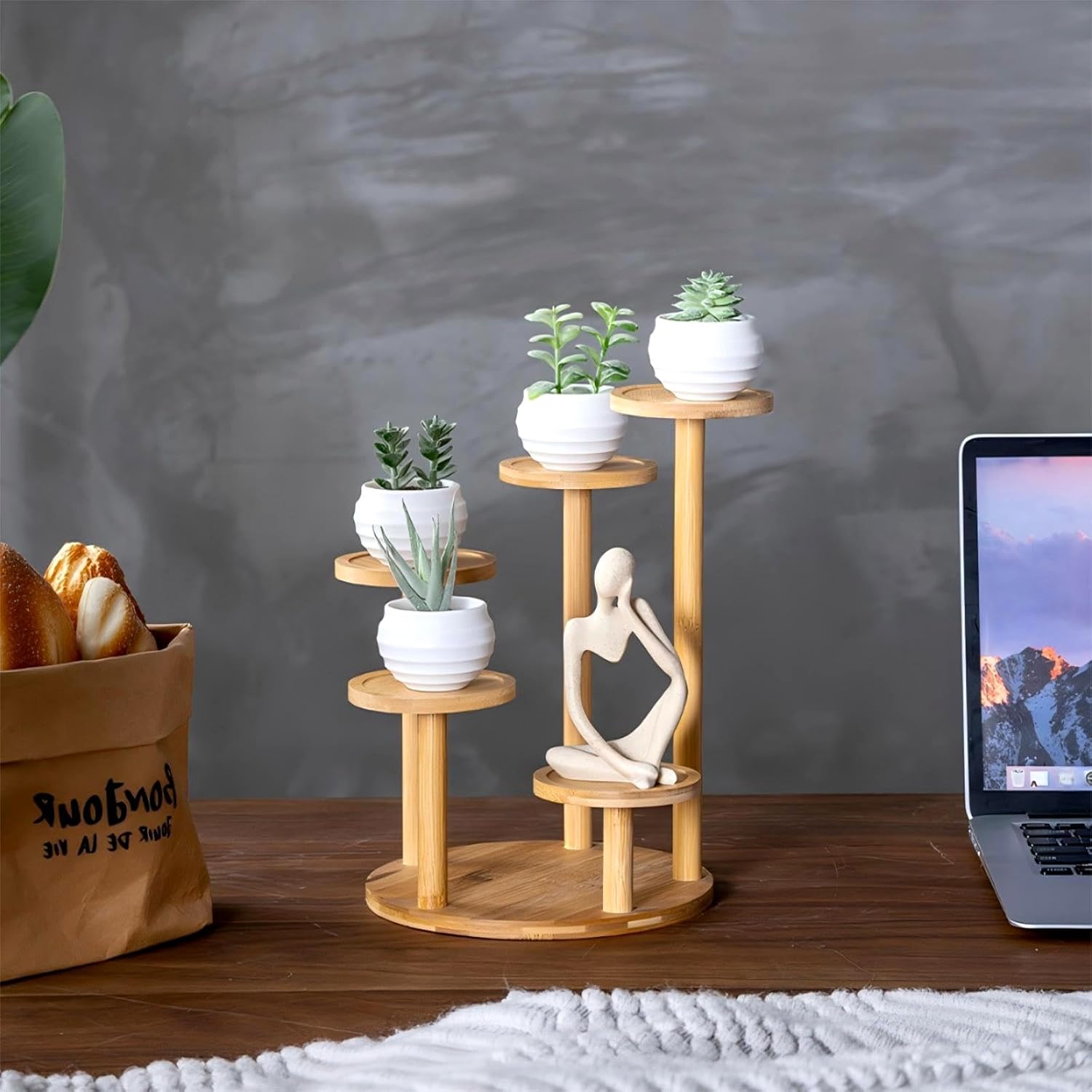 5 Tiered Desk Plant Stand Round Bamboo Plant Shelf Tabletop Succulent Herb Stand Desktop Plant Stand Indoor Plant Rack for in Living Room Office Decoration - Large