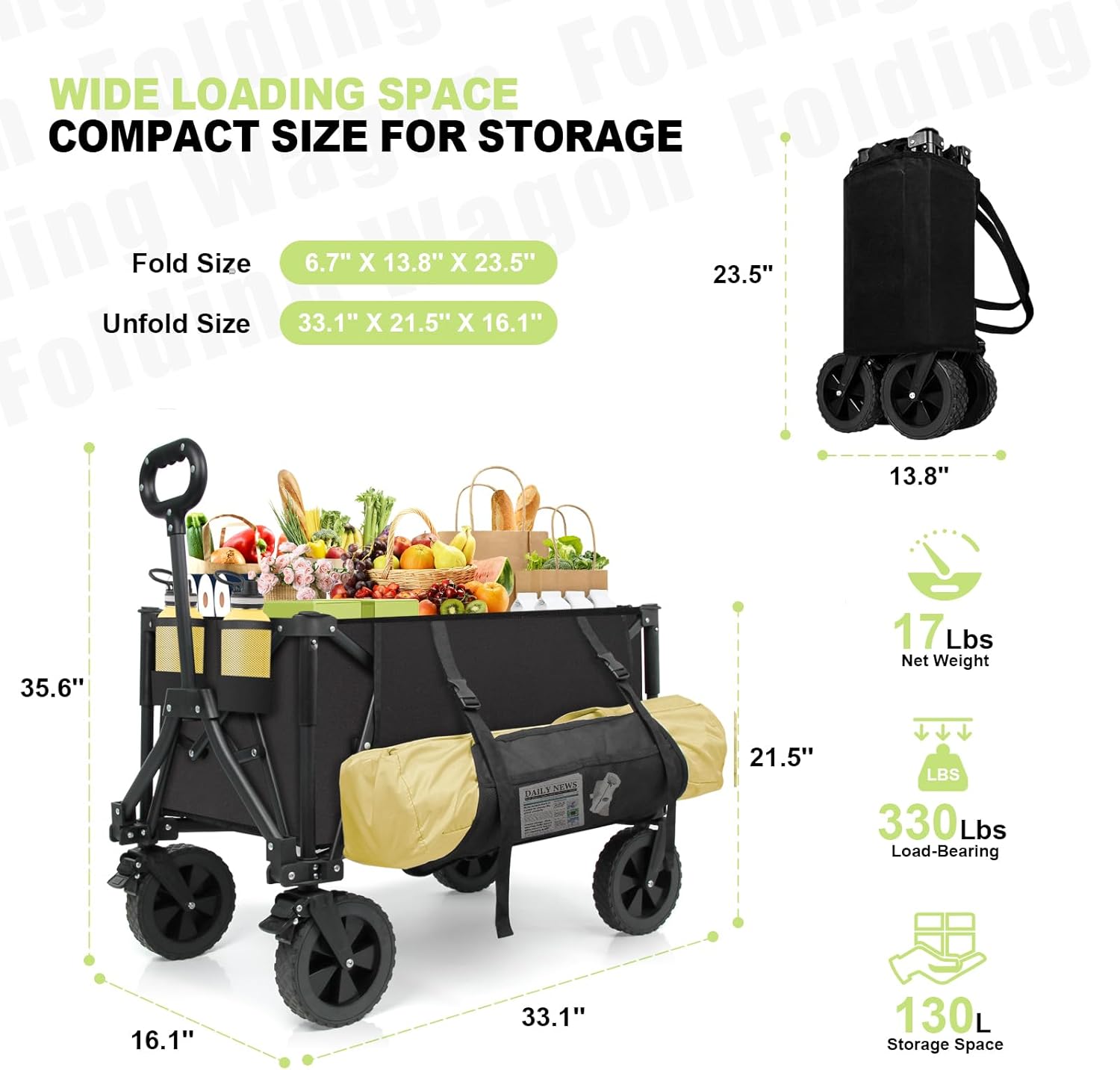 Wagons Carts Foldable Collapsible Wagon Utility Cart 300lbs 130L with Side Pocket and Brakes for Beach Garden Shopping Camping Sports