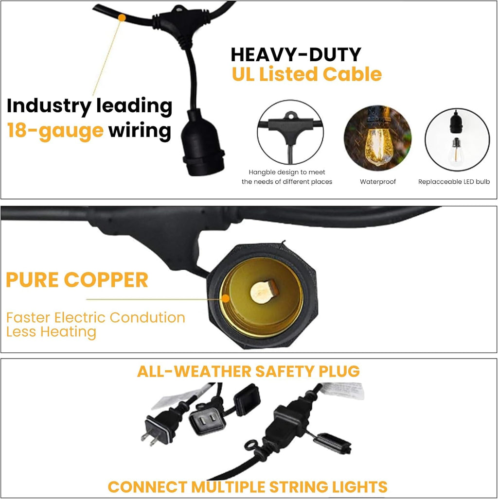 Svater 192 FT Outdoor String Lights 2W, Patio Light for Outside with 64 Antique S14 Plastic LED Bulbs, IP65 Waterproof Hanging Cafe Market Lighting, ETL-Listed Dimmable Warm White (48 FT x 4)