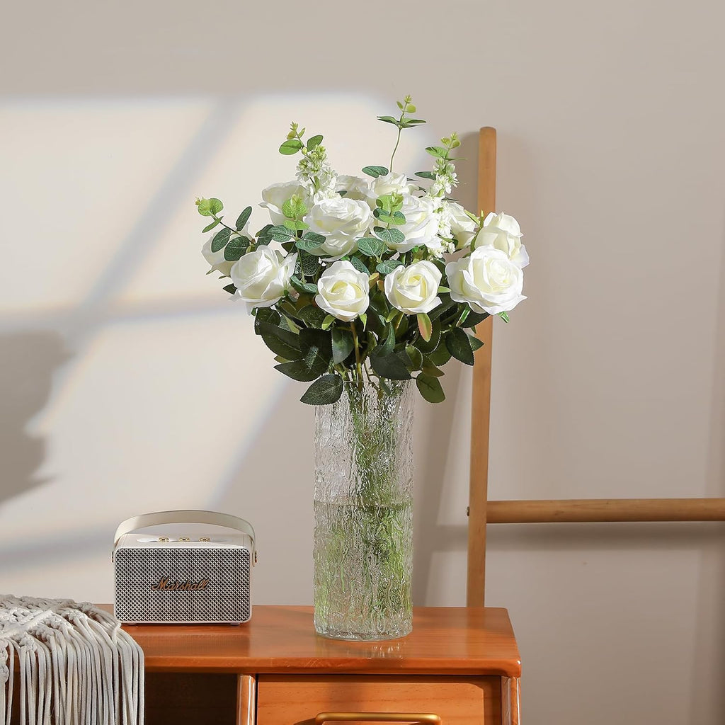 Hawesome 12PCS Artificial Silk Flowers Realistic Roses Bouquet Long Stem for Home Wedding Decoration Party (White -2)