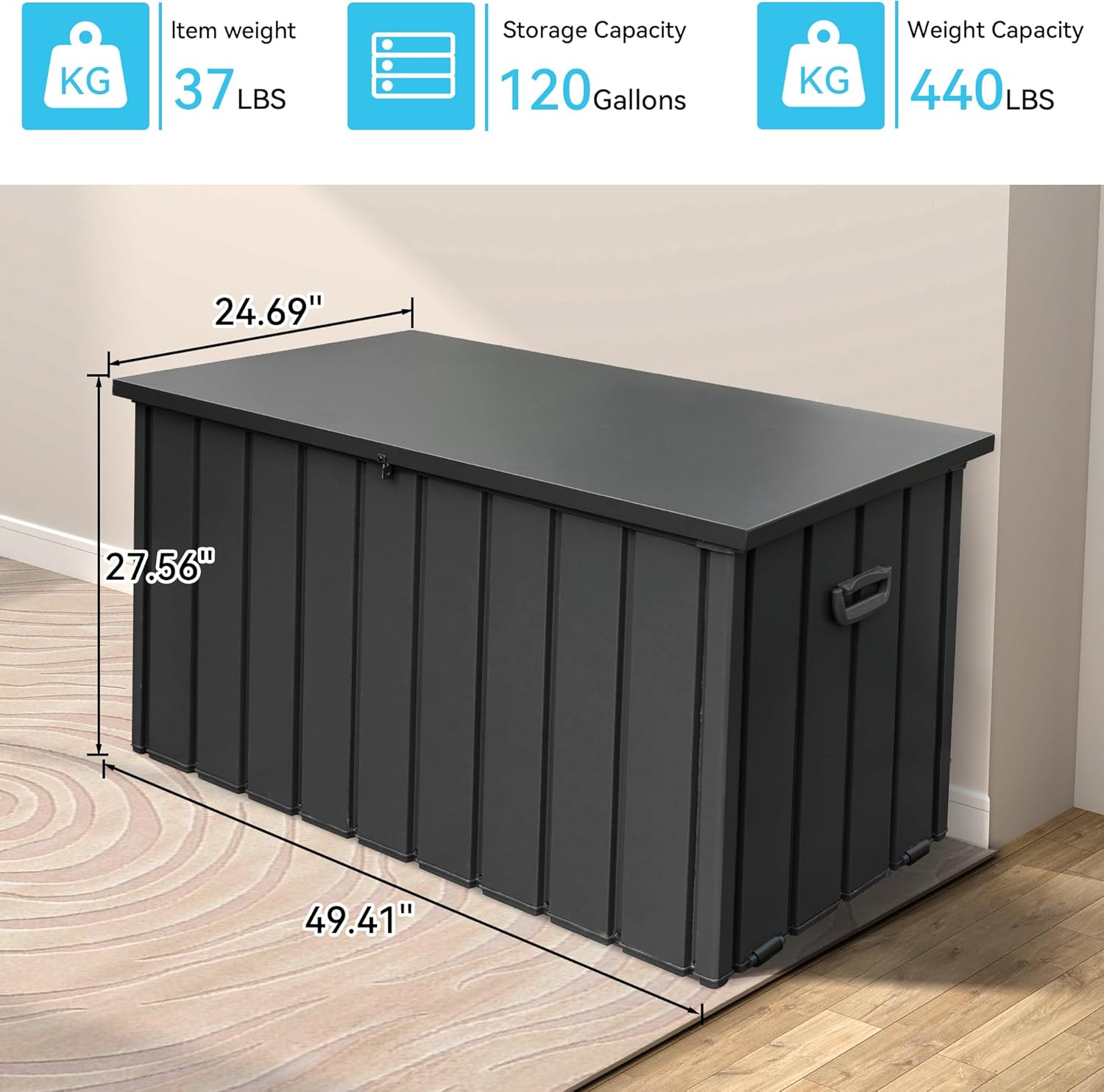 120 Gallon Metal Deck Box,Waterproof Outdoor Storage Box, Large Patio Furniture Storage Chest/Cabinet, Lockable Storage Bench for Porch Package Delivery,Cushions,Tools, Pool, Grey