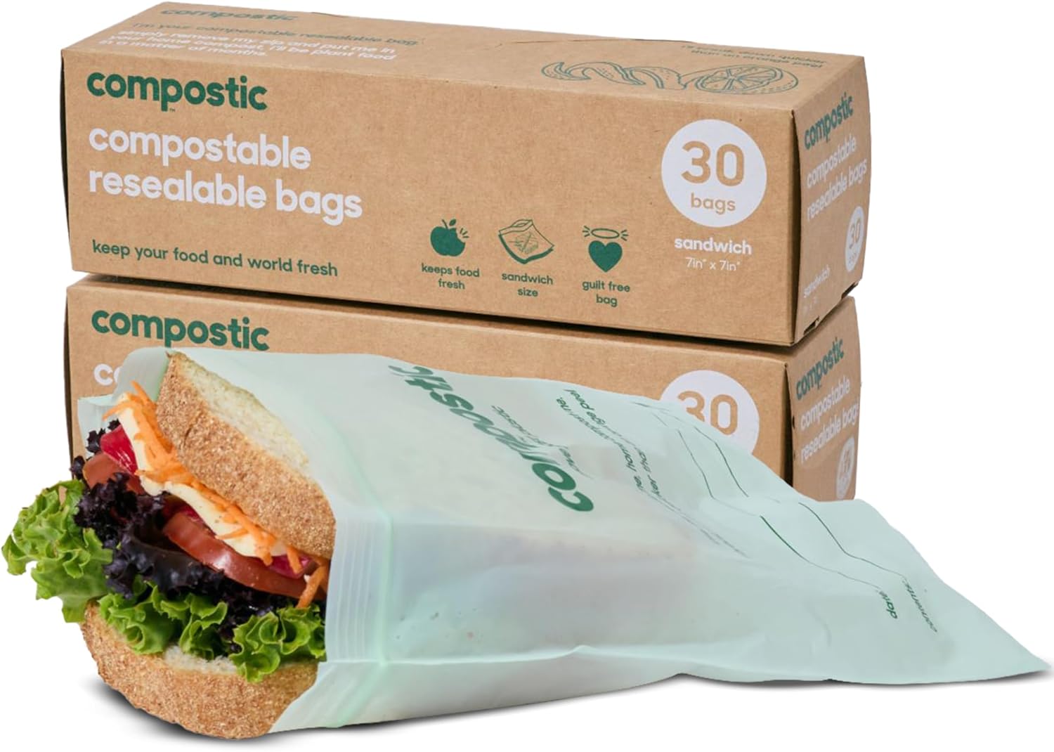 Home Compostable Resealable Sandwich Bags (7"x7"), Microwave & Freezer Safe, Organic Food Storage Container, 30 Count (Pack of 2)