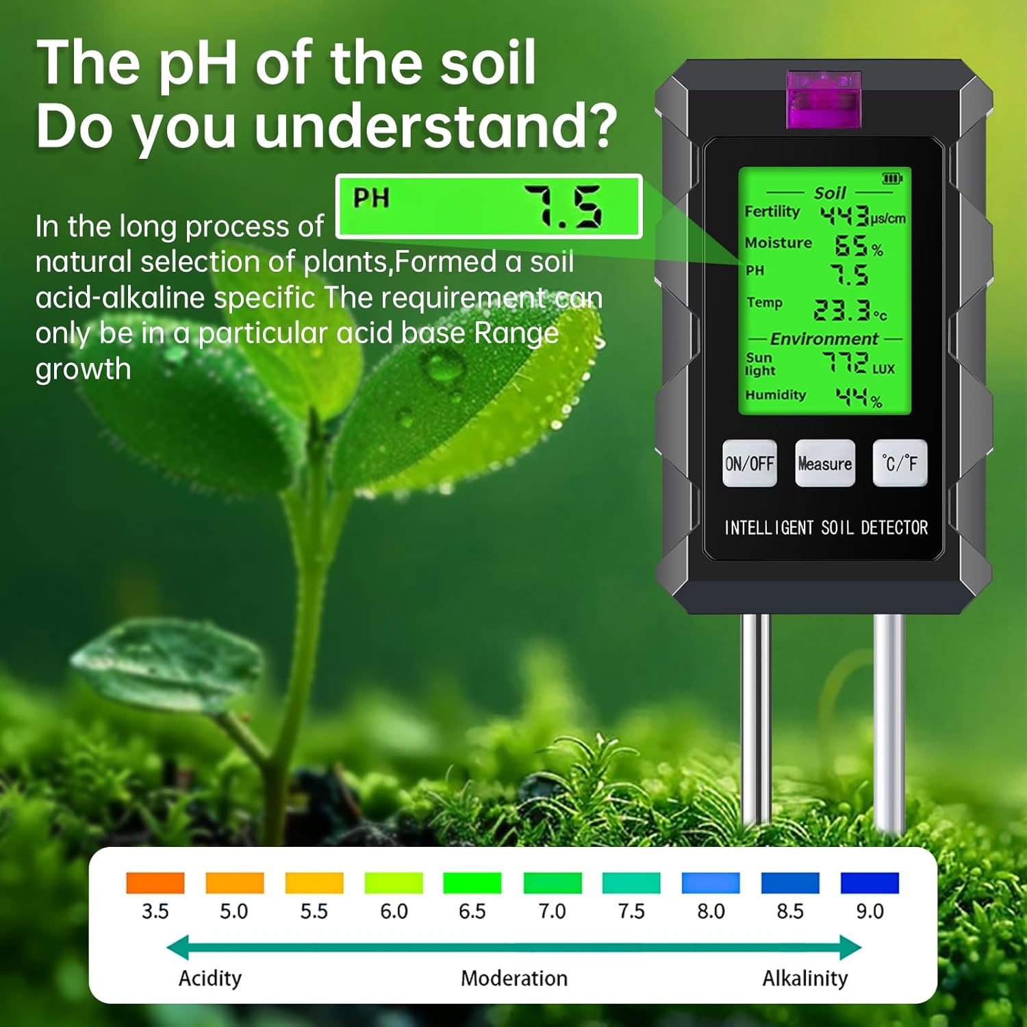 6 in 1 Soil Tester Digital Moisture Meter with Dual Probe, pH/Temperature/Moisture/Sunlight/Air Humidity/Fertility, Soil pH Tester for Farming, Gardening, Lawns and More (2*AAA Battery Needed)