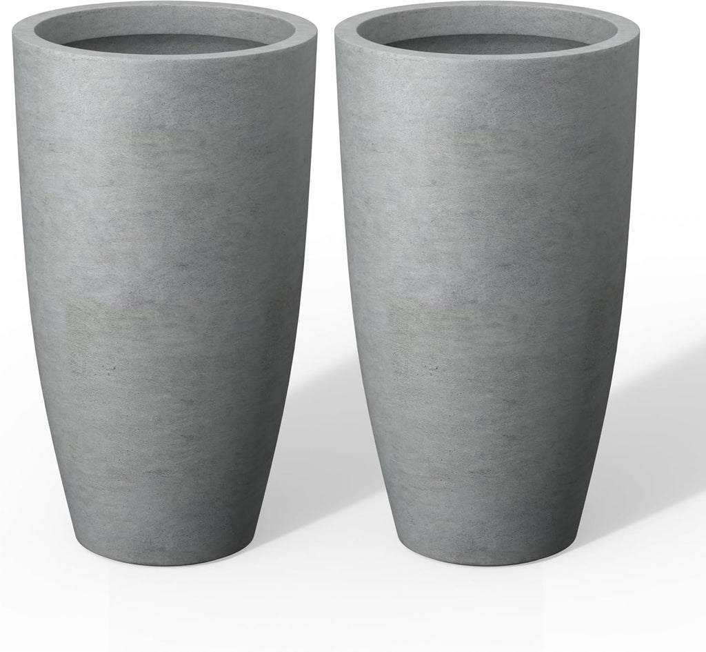Kante 23.6" H Natural Concrete Tall Planters (Set of 2), Large Outdoor Indoor Decorative Plant Pots with Drainage Hole and Rubber Plug, Modern Style for Home and Garden