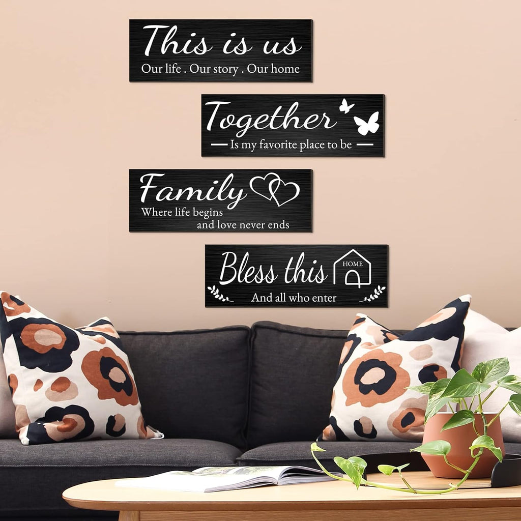 Joyhawk 4 Pieces Home Wall Decor Signs, THIS IS US/TOGETHER/BLESS THIS HOME/FAMILY Wall Decor For Living Room Bedroom, Rustic Wooden Farmhouse Wall Art Decor, 4.7 x 13.8 Inch(Black)