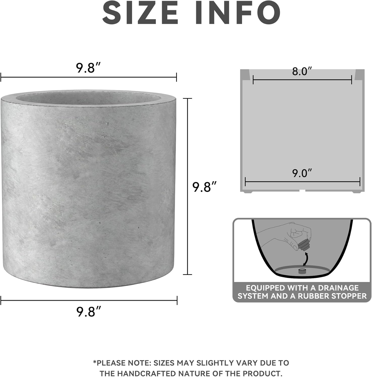 Kante 9.8" Dia Round Concrete Planter, Modern Style Large Cylindrical Plant Pot with Drainage Hole and Rubber Plug for Indoor Outdoor Patio, Natural Concrete