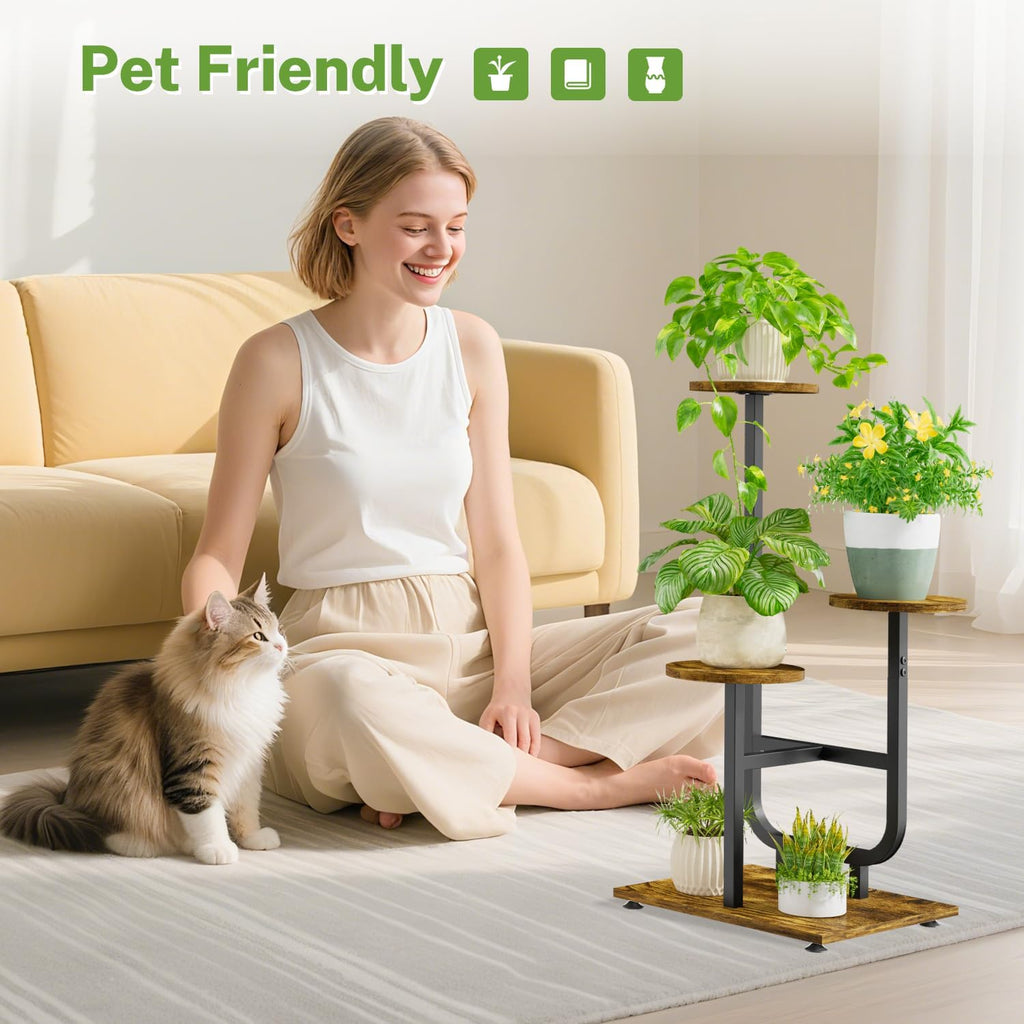 iDavosic.ly 3 Tier Plant Stand Indoor, Corner Tiered Multiple Flower Holder Shelf with Wooden Trays, Orchid Display Metal Rack for Patio Porch Living Room Balcony Outdoor, Modern Black & Rustic Brown