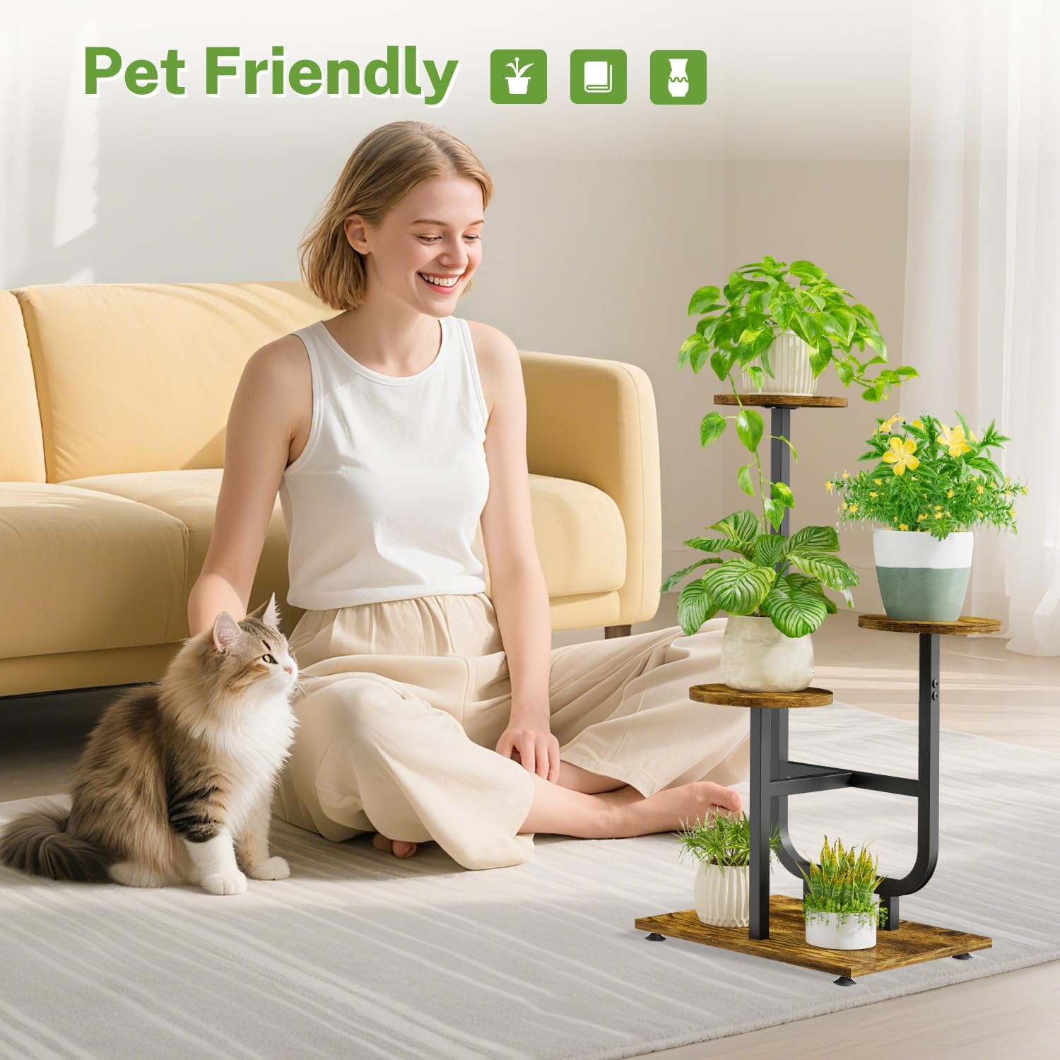 iDavosic.ly 3 Tier Plant Stand Indoor, Corner Tiered Multiple Flower Holder Shelf with Wooden Trays, Orchid Display Metal Rack for Patio Porch Living Room Balcony Outdoor, Modern Black & Rustic Brown