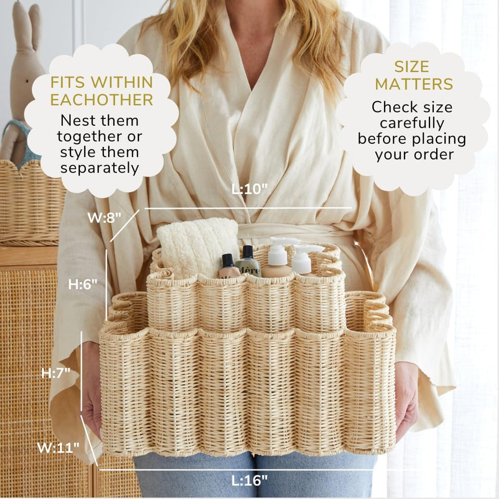 BEBE BASK Unique Wavy Scalloped Basket Set Of 2 - Scallop Basket - 16 x 10 x 7 In - Hand-Woven Elegant Wicker With Scalloped Edge Lid - Nursery Storage - (Earthy)