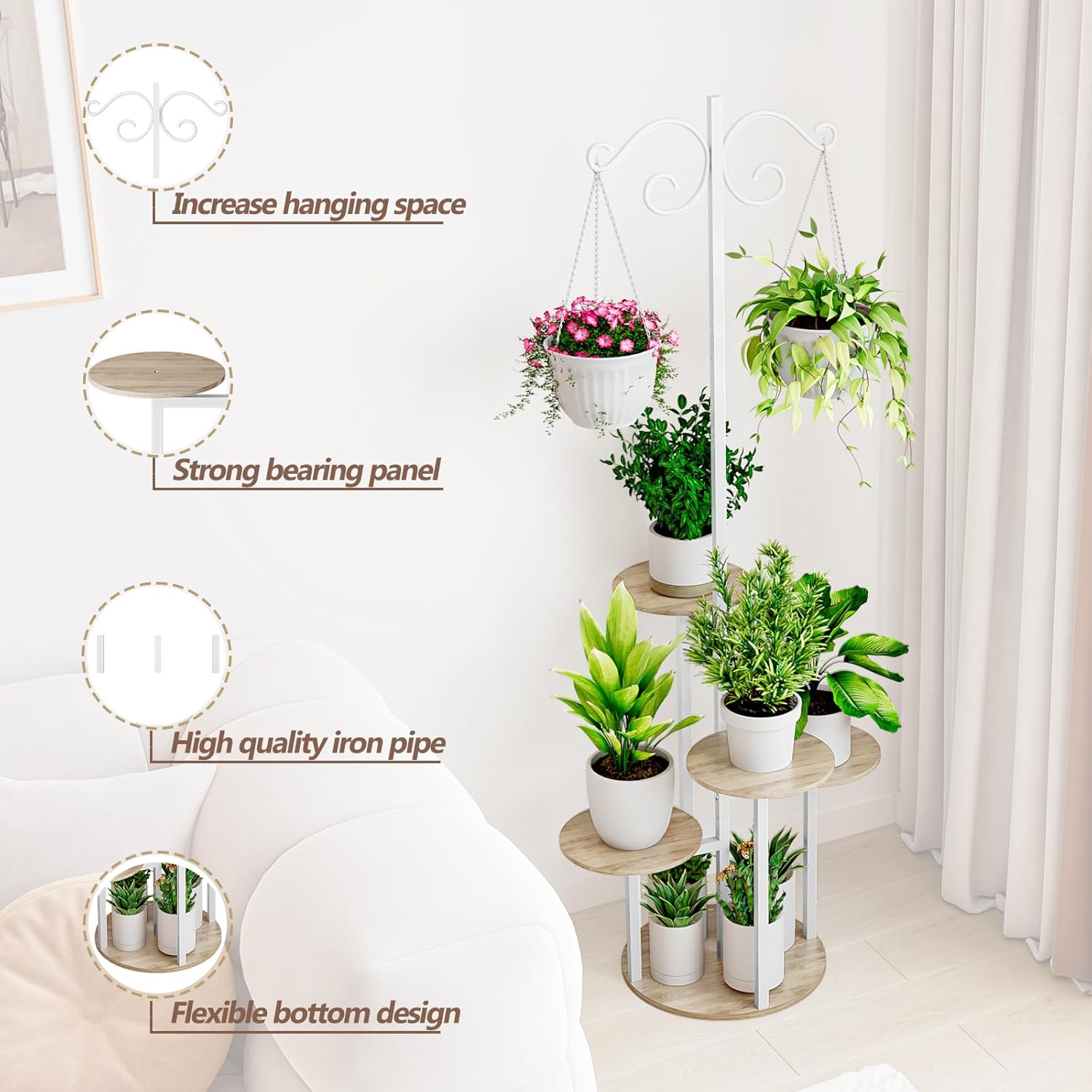 Plant Stand Indoor 5 Tier 8 Potted with hook hanging basket Multiple Flower Pot Holder for Patio Garden Balcony Living Room Corner (5 Tier with hook White+Sonoma Oak)
