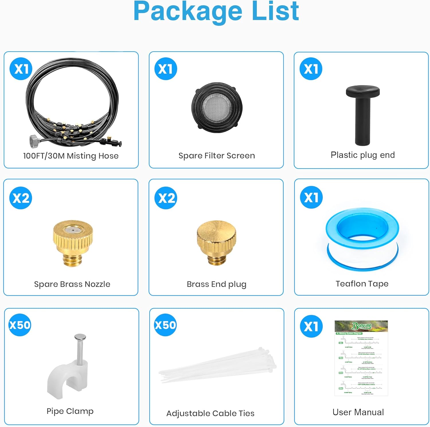 Bonviee Misters for Outside Patio, 100FT Misting Cooling System for Patio, 100FT (30M) Misting Line+28 Mist Nozzles+3/4" Brass Adapter, Pre-Assembled Garden & Greenhouse Watering System