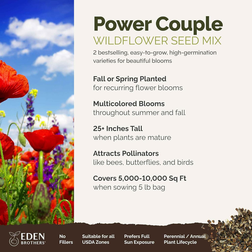 Eden Brothers Power Couple Flower Mixed Seeds for Planting, 5 lb, 2,400,000+ Seeds with Rocket Larkspur, Bupleurum | Attracts Pollinators, Plant in Spring or Fall, Zones 3, 4, 5, 6, 7, 8, 9, 10