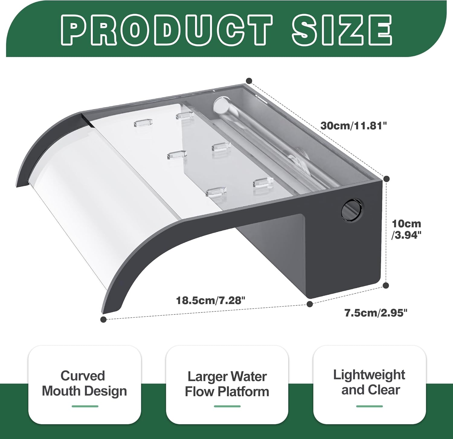 Waterfall Spillway, Clear Acrylic Pool Fountain w/Top Open Lip & Pipe Connector Kits for Outdoor/Indoor Decorative, 11.8'' Pool Water Feature for Garden Patio, Backyard Koi Pond Decor