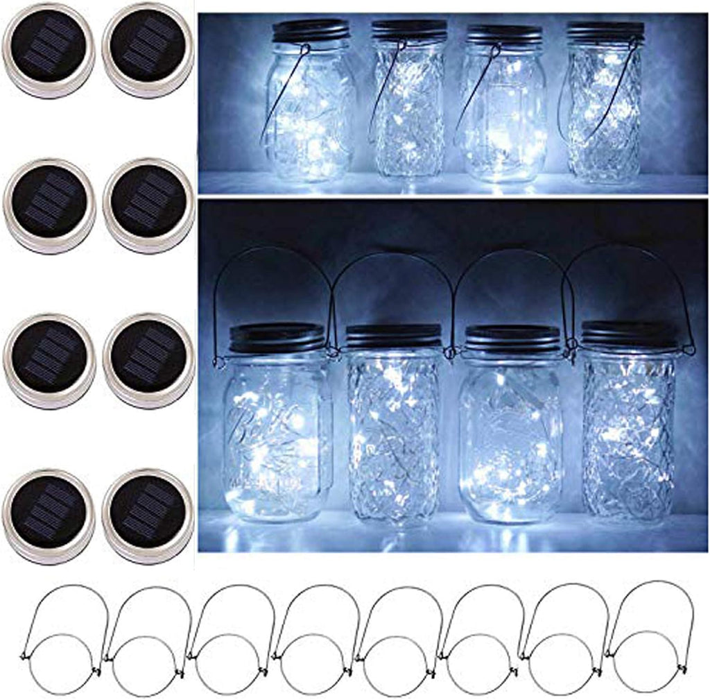 8 Pack Solar Mason Jar Lids Lights, 20 LED Waterproof Fairy Firefly String Lights with 8 Hangers (Jars Not Included), for Wedding, Outdoor, Lawn, Patio, Garden, Party, Christmas Decor (Cold White)