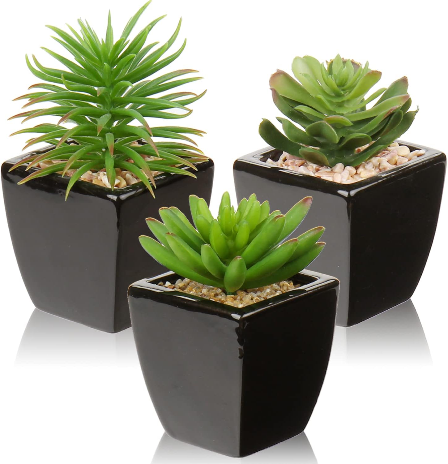 Hollyone Small Succulents Artificial 3 Pcs Faux Succulents in Pots Fake Succulent Plants with Black Ceramic Pots for Modern Home Office Desk Bathroom Shelf Living Room Decor