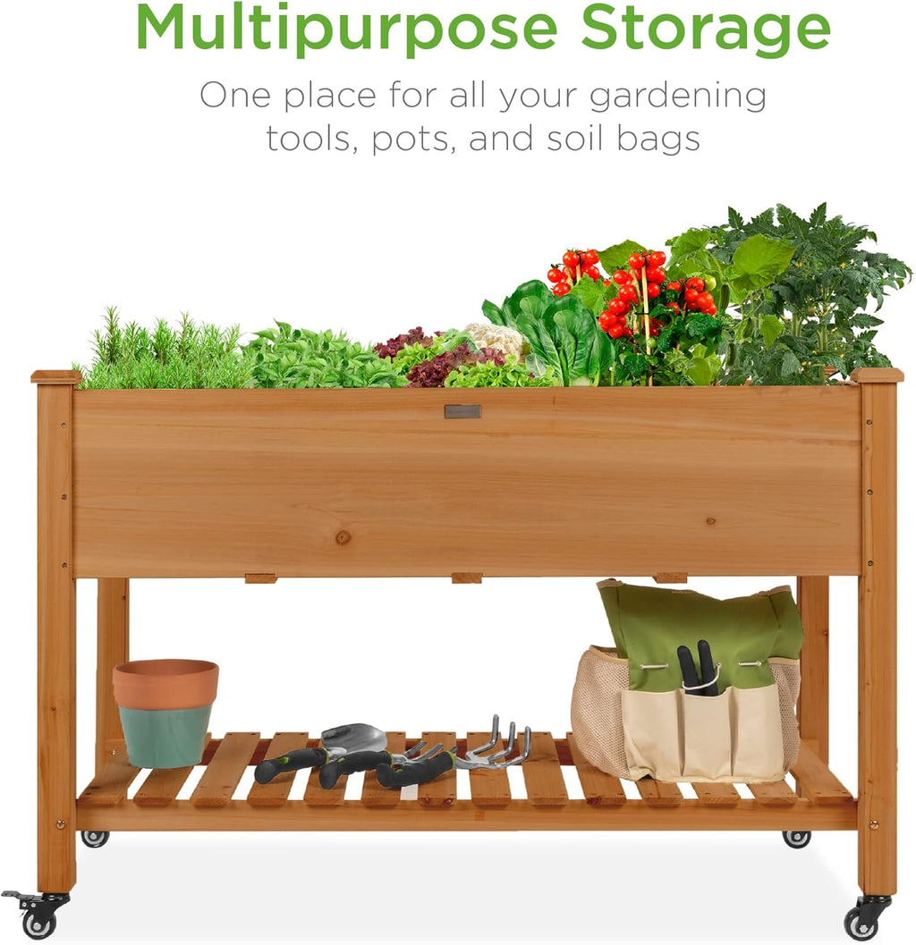 Best Choice Products Raised Garden Bed 48x24x32-inch Mobile Elevated Wood Planter w/Lockable Wheels, Storage Shelf, Protective Liner - Acorn Brown