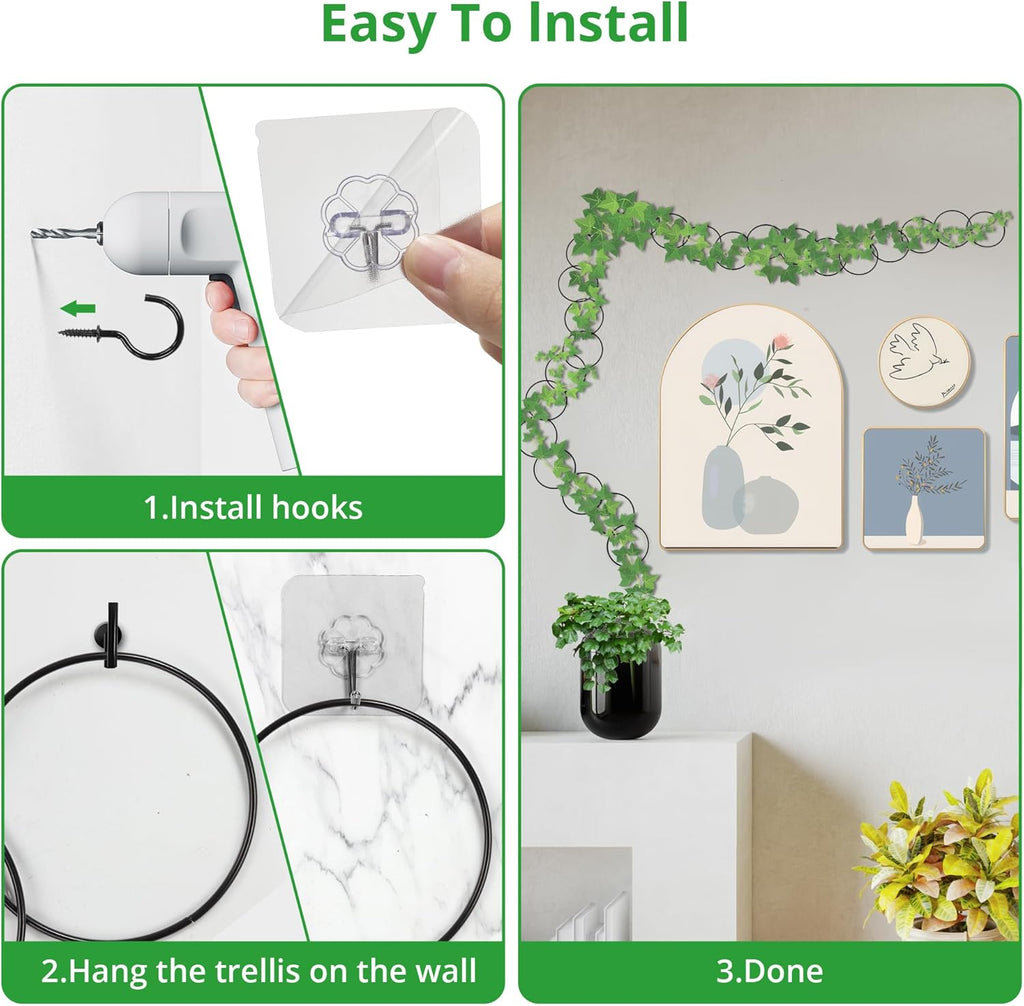 24 Pcs Chain Trellis for Climbing Plants, 120 Inch Long Metal Plant Trellis Indoor Outdoor, Garden Wall Vine Support Trellis, Plant Accessories for Ivy, Peonies, Circle Design Black