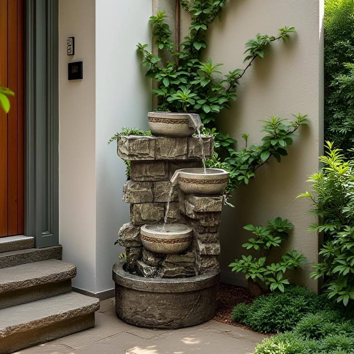 Water Fountian Outdoor - 3 Tiered Bowls Floor Stacked Stone Pump Waterfall Fountain,Provide Flowing Water Feature for Outside Garden,Backyard,Lawn,27 Inch Tall