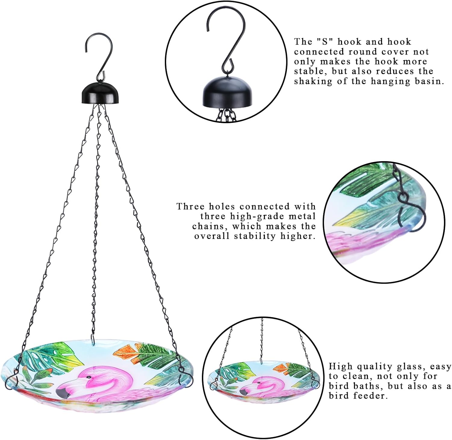 VCUTEKA Glass Hanging Bird Bath for Outdoors, BirdBaths with 21-Inch Rust-Proof Chain, Garden Yard Decor, Flamingo Pattern