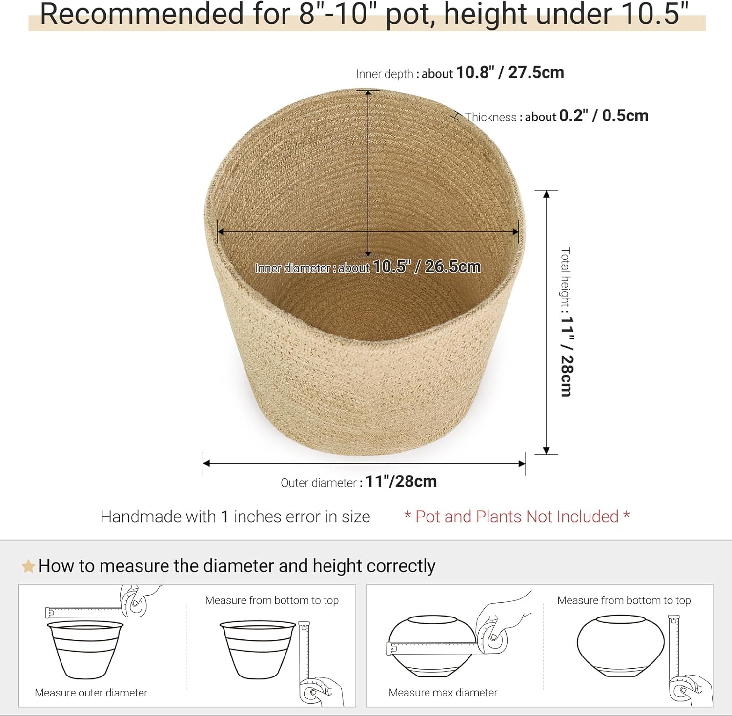 Dahey Jute Rope Plant Basket Modern Woven Storage Basket for 10.5" Indoor Planter, Decorative Flower Pots Cover Laundry Bin with Handle Rustic Home Decor, Beige