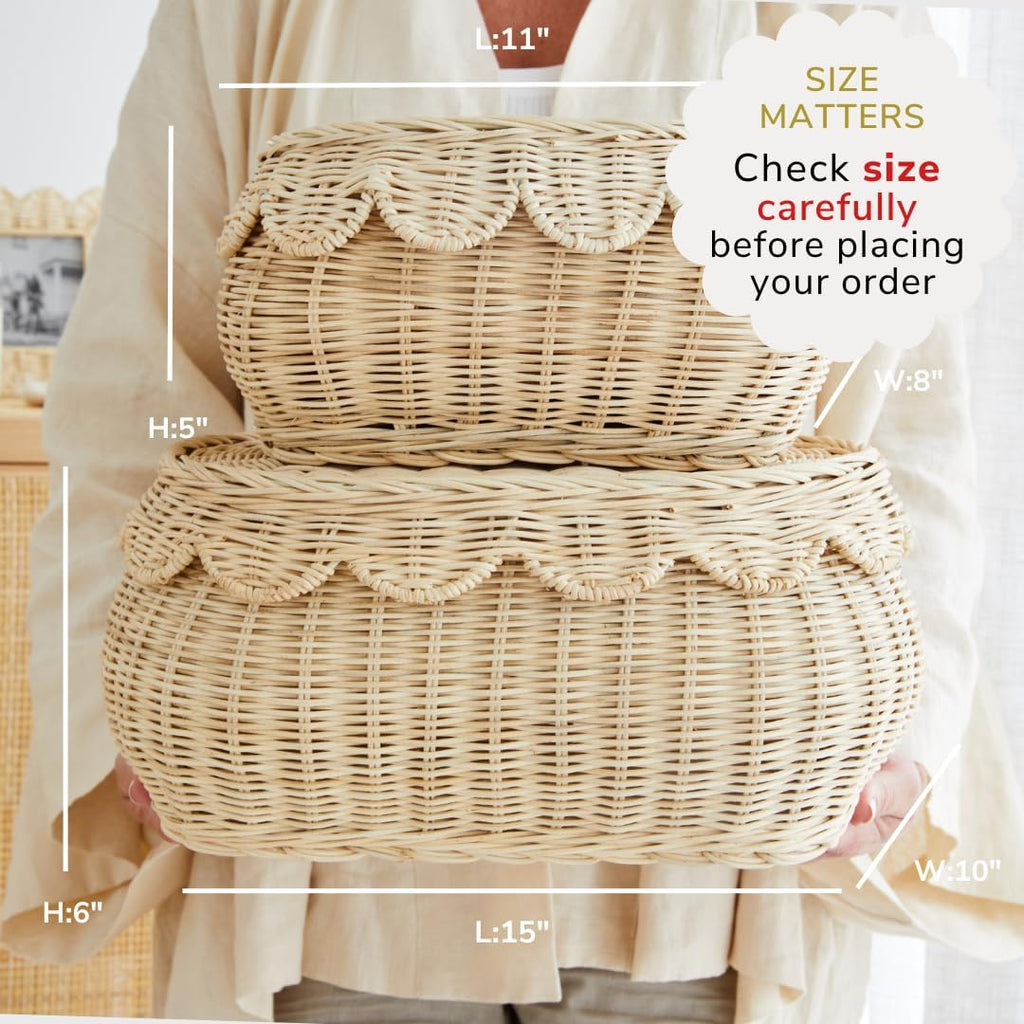 BEBE BASK The Original Scalloped Basket Set Of 2 – Small Scallop Basket - 15 x 10 x 6 In - Hand-Woven & Award-Winning - Elegant Wicker With Scalloped Edge Lid - Nursery Storage - (Natural)