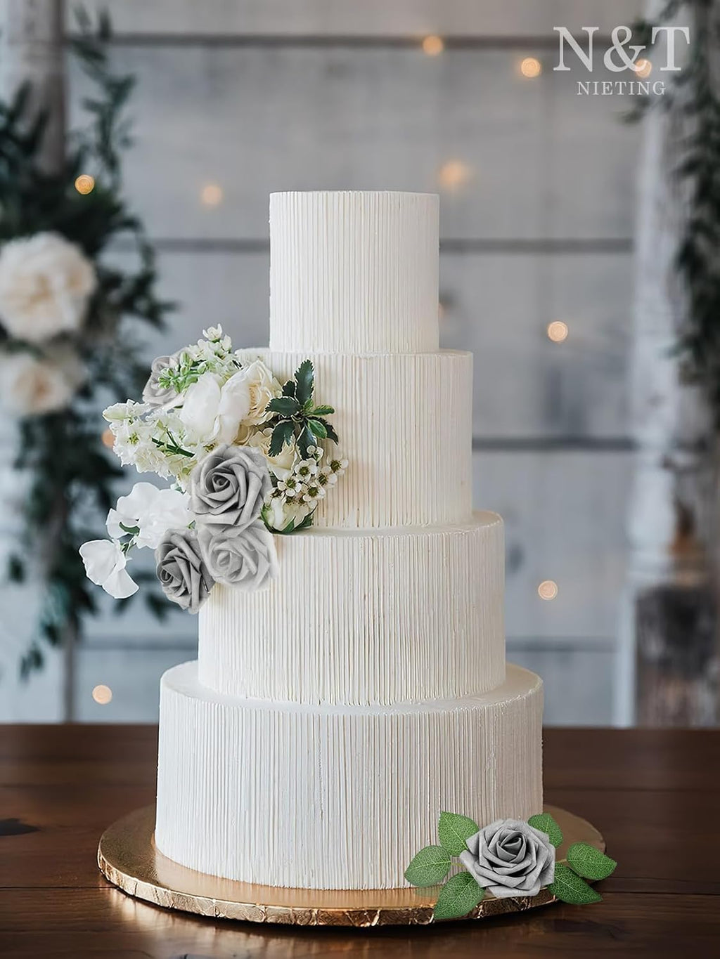 N&T NIETING Artificial Flowers, 25pcs Fake Flowers with Stems for Cake Decoration DIY Wedding Party Baby Shower Decoration, Silver White and Silver Grey