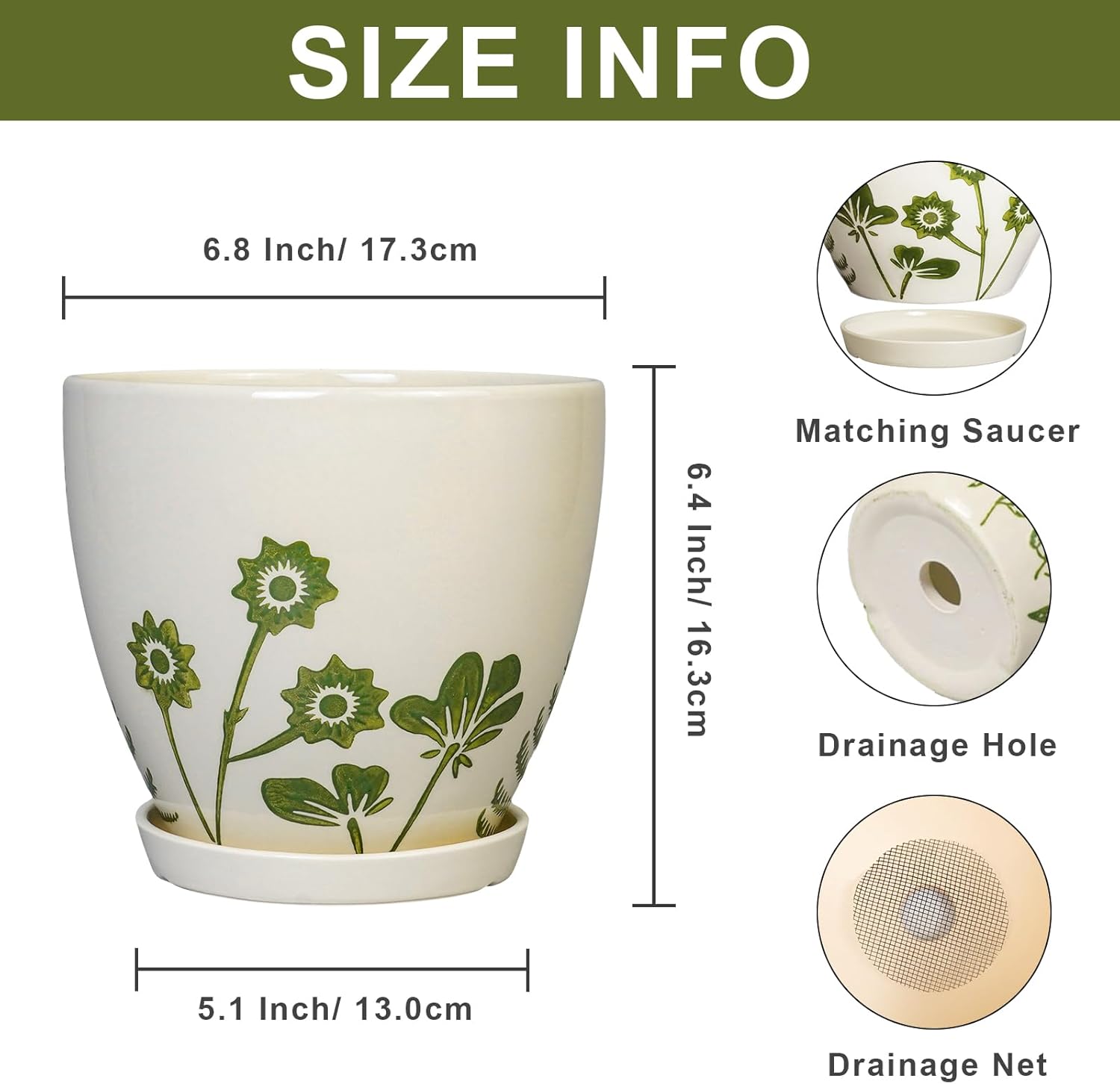 Indoor Plant Pot 6.8 Inch - Ceramic Planter for Indoor Flowers with Drainage Hole and Saucer, Boho Round Decorative Outdoor Flower Pot, Gifts for Plant Lovers, Garden Office Home Decor, White