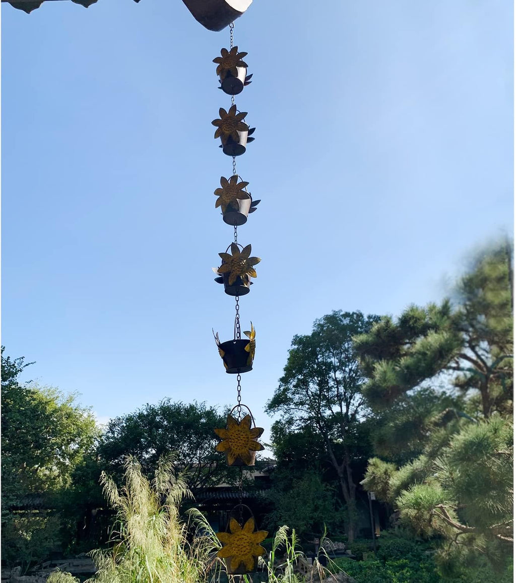 Rain Chains 8.5FT Metal Bucket Rain Chains for Gutters and Downspouts Vintage Rain Catcher Chain Sunflower Decorative Rain Chimes for Outside Rainwater Diverter Outdoor Decor for Garden Yard