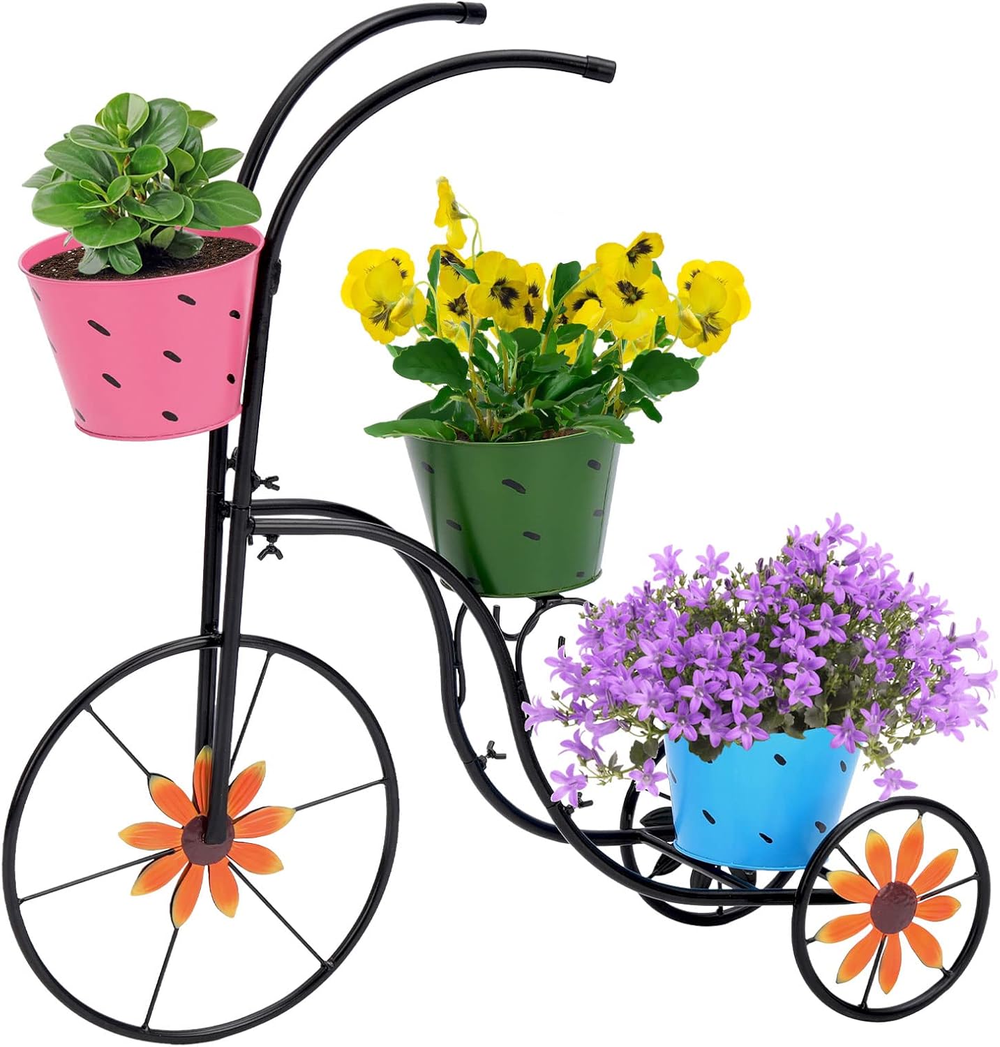 BAYN Bicycle Planter Stand, Metal Flower Pot Cart Holder with 3 Plant Bucket Outdoor Decorative for Patio, Deck, Garden or Lawn