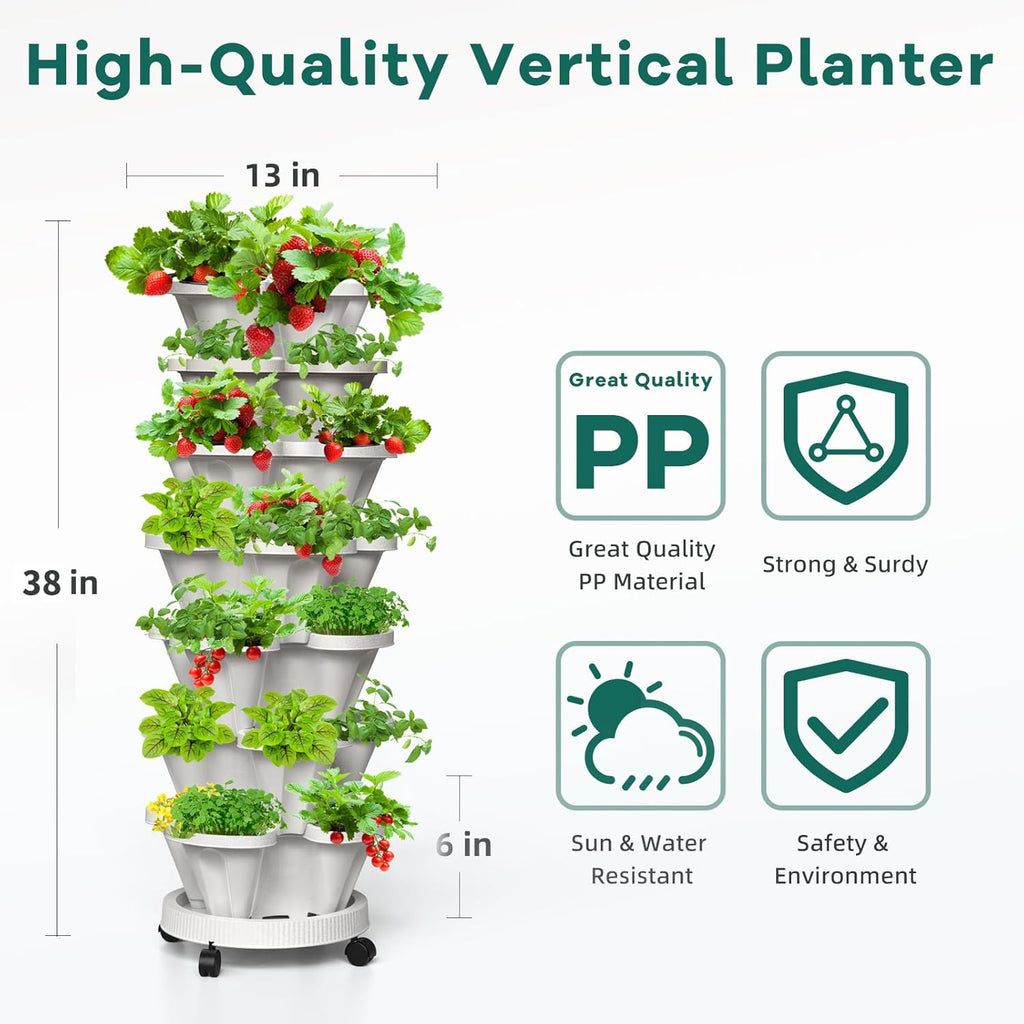 7 Tiered Strawberry Vertical Planter 2 Pack, Stackable Tower Garden Planter Herb Garden Planter with Movable Casters and Bottom Saucer Indoor and Outdoor - White