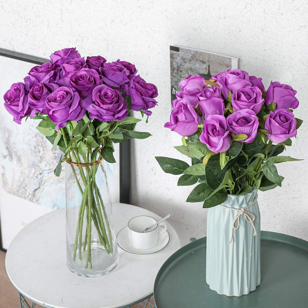 Hawesome 12PCS Artificial Silk Flowers Realistic Roses Bouquet Long Stem for Home Wedding Decoration Party (Purple 1)