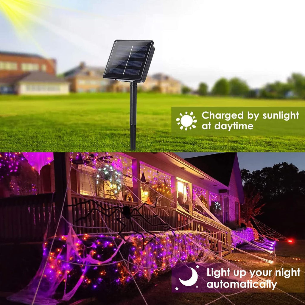 Purple and Orange Halloween Solar String Lights Outdoor, 2 Pack 80FT 200LED Solar Twinkle Lights Outside Waterproof, Copper Wire 8 Modes Lights for Halloween Decoration Outdoor