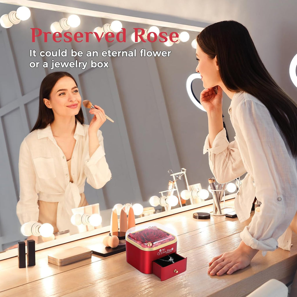 Mikasol Preserved Rose & Heart-Shaped Necklace with Jewelry Box - Preserved Rose, Ideal Romantic Gift for Women, Anniversary, Valentines, Red, 4.9"x4.5"x4.2"