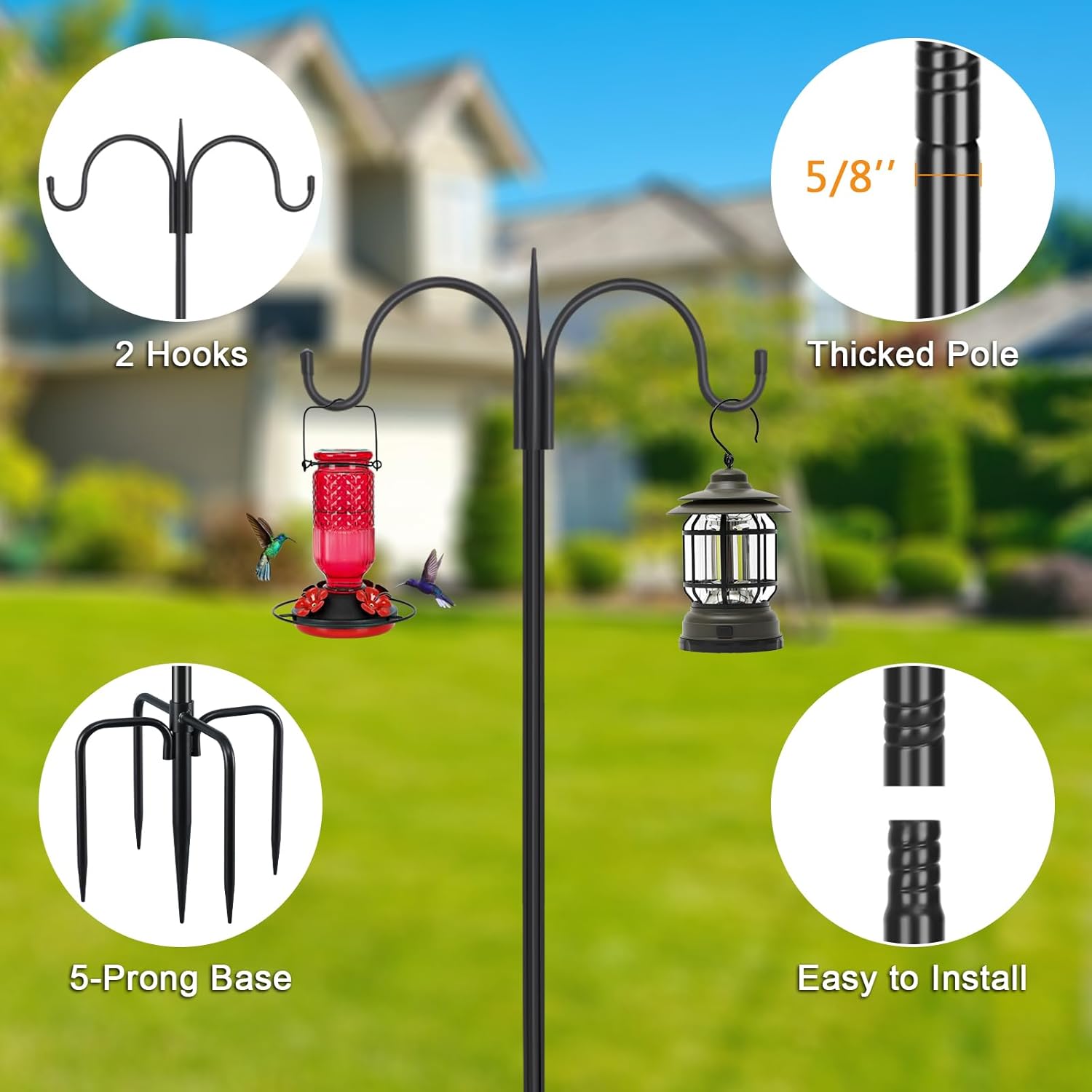 FEED GARDEN Adjustable Double Shepherds Hook for Outdoor with 5 Prong Base 76 Inch Heavy Duty Two Sided Bird Feeder Pole for Hanging Plant Baskets, Solar Light Lanterns, Wind Chimes