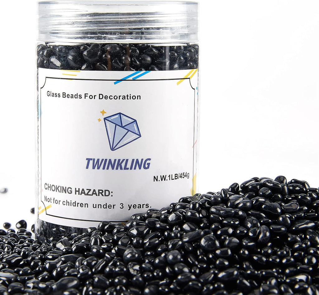 TWINKLING High Luster Round Fire Glass Stones,Glass Marbles Pebbles,Glass Beads Gems for Fire Pit Vase Fillers Crafts Aquarium Garden Decoration,3-6mm,1-Pound Jar (Black)