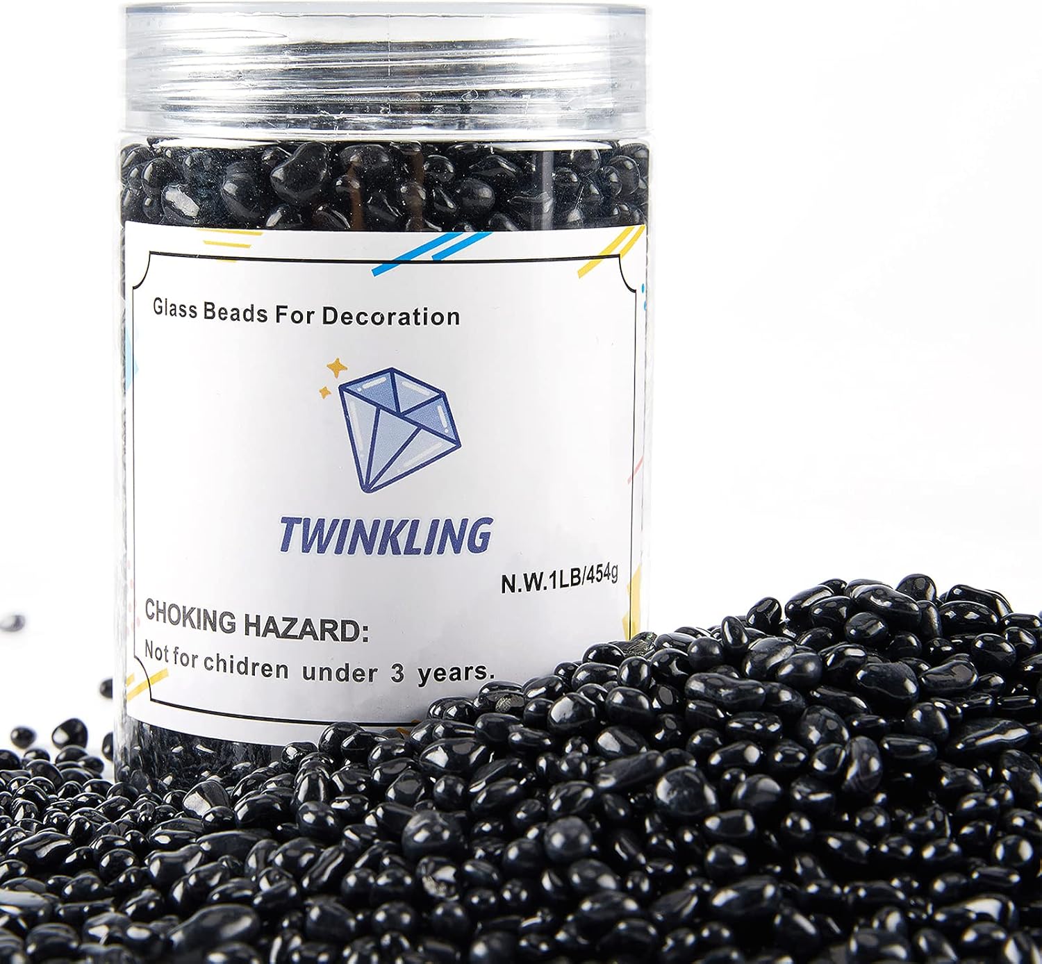 TWINKLING High Luster Round Fire Glass Stones,Glass Marbles Pebbles,Glass Beads Gems for Fire Pit Vase Fillers Crafts Aquarium Garden Decoration,3-6mm,1-Pound Jar (Black)