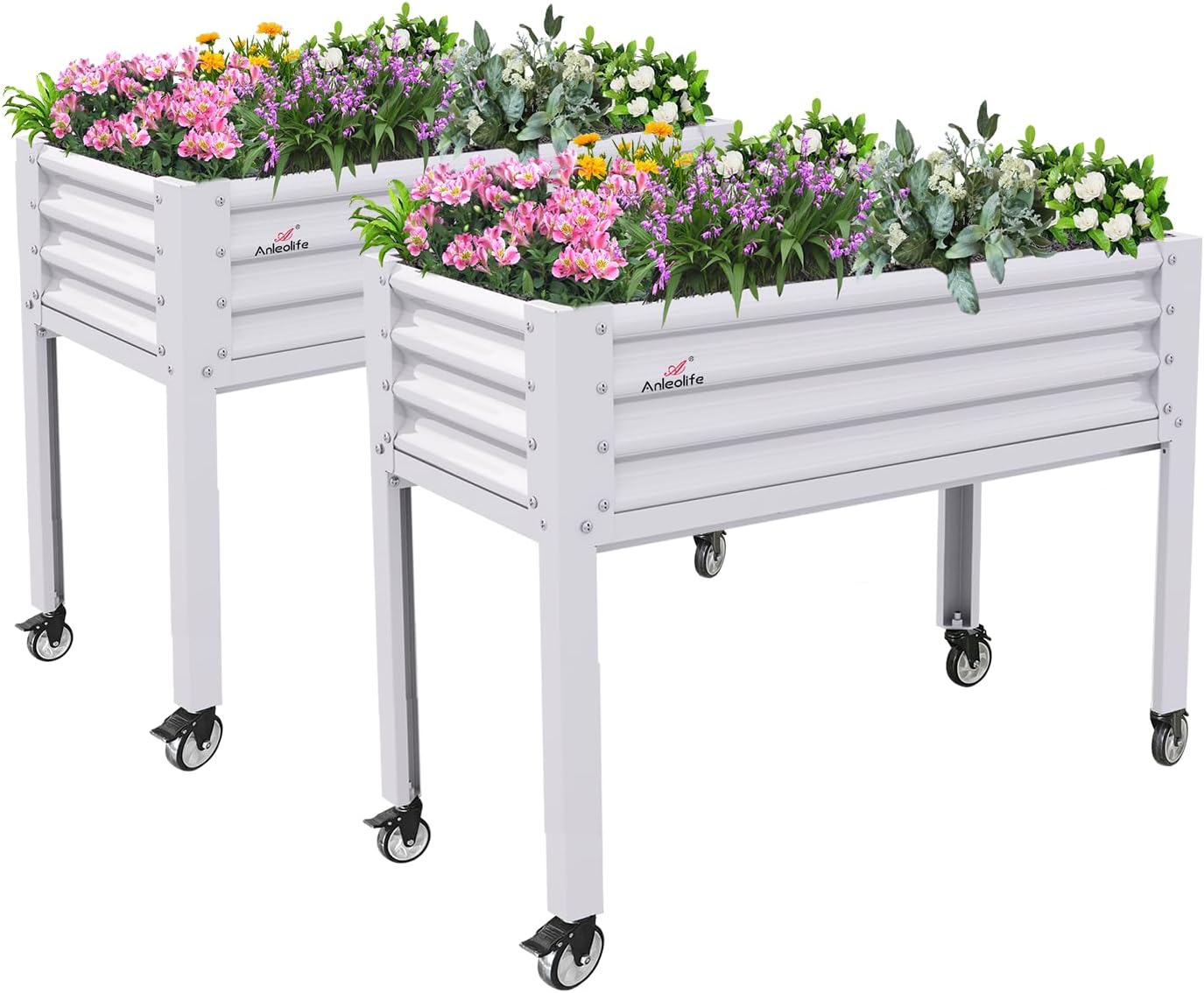 A ANLEOLIFE 2-Set Galvanized Raised Garden Bed with Legs,48x24x35in Large Elevated Planter Box on Wheels with Drainage Holes for Backyard, Balcony, Patio, 600lb Capacity, Antique White