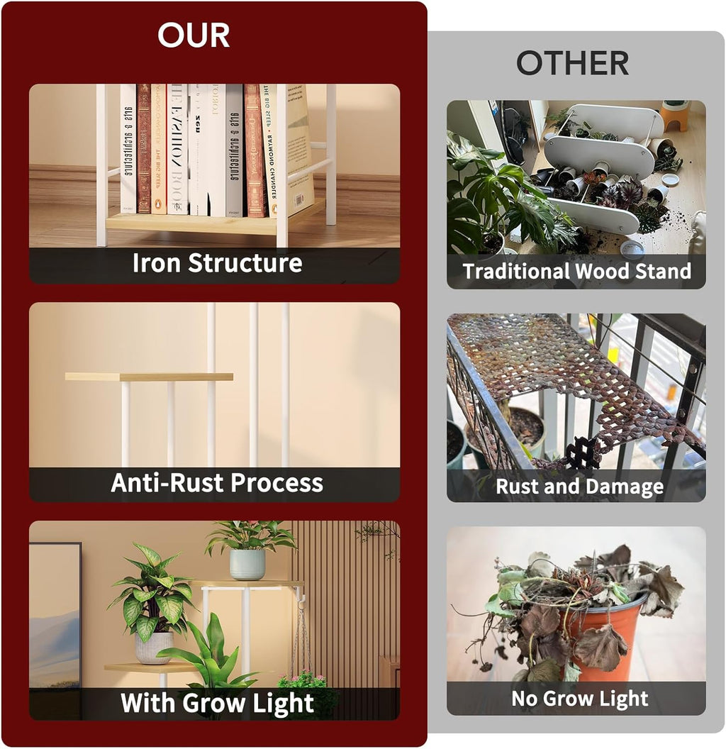 Plant Stand Indoor with Grow Light, 5-Tiered Tall Plant Stand Indoor, Metal Plant Shelf with Hanging Basket Hook and Adjustable Light, Ideal for Living Room, Garden, Patio (Maple)