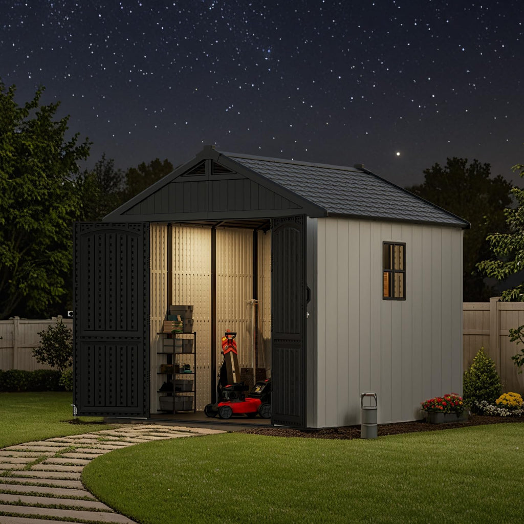 Patiowell 8 x 8 FT Resin Outdoor Storage Shed with Floor, Large Shed with Light and Lockable Door for Garden, Backyard, Tool Storage Use, Easy to Install in Beige (Kick-it Shed)