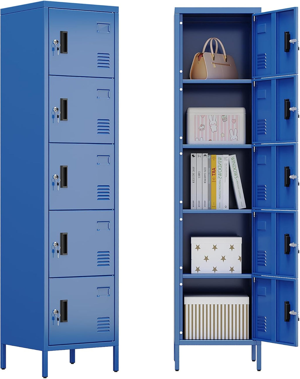METAN Metal Storage Employees Locker with 5 Lockable Doors,Locking Storage Cabinets for Small Spaces,Home,School,Gym,Assembly Required,Blue