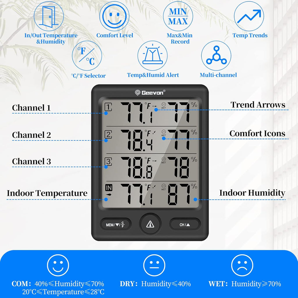 Geevon Indoor Outdoor Thermometer Wireless with 3 Remote Sensors, Digital Hygrometer Thermometer, Wireless Temperature Humidity Monitor Gauge with 200FT/60M Range (Black)