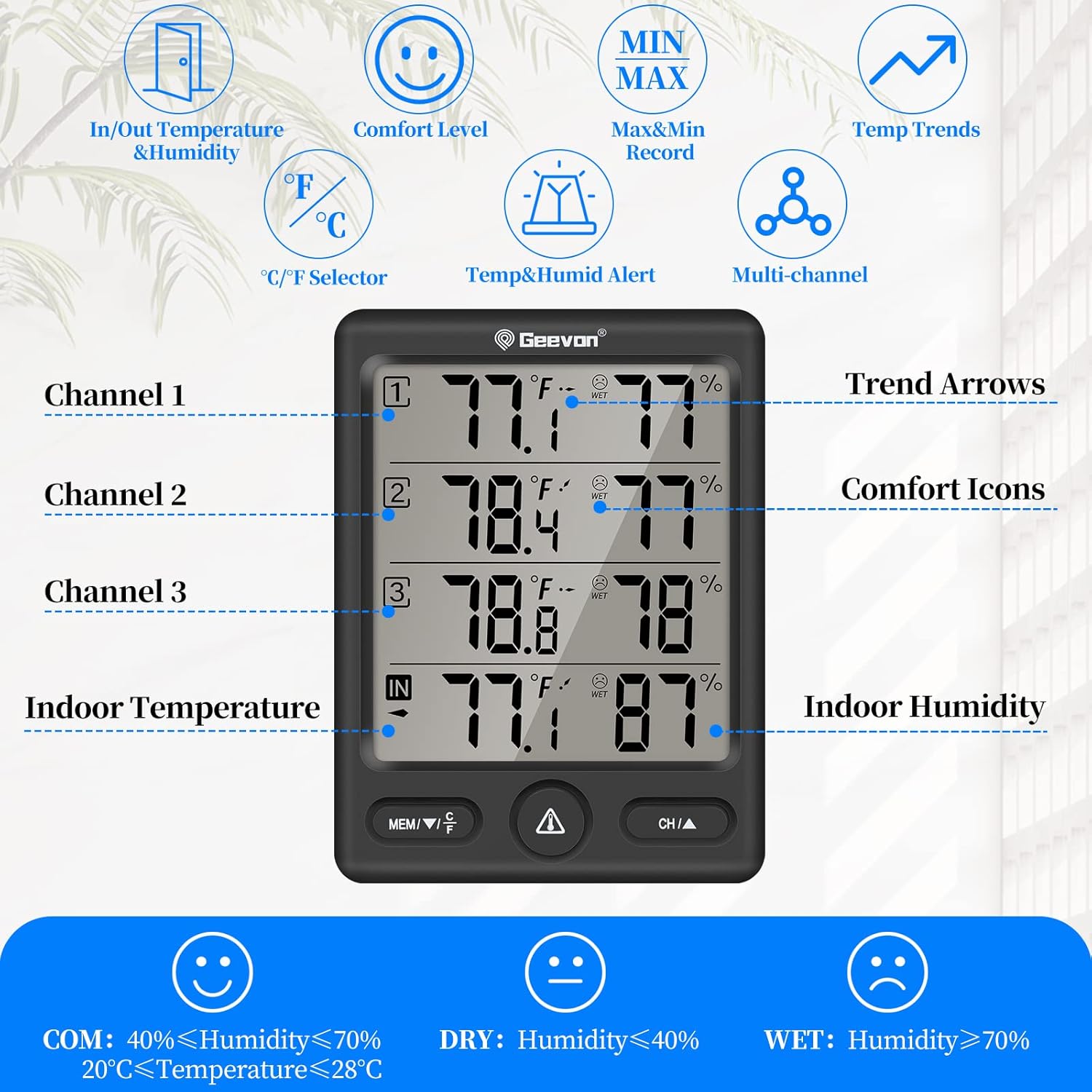 Geevon Indoor Outdoor Thermometer Wireless with 3 Remote Sensors, Digital Hygrometer Thermometer, Wireless Temperature Humidity Monitor Gauge with 200FT/60M Range (Black)