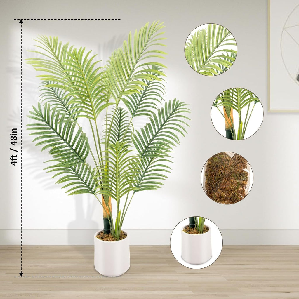 Artificial Fake Palm Tree 4FT 1Pack with White Planter & Free Moss, UV Resistant Artificial Palm Tree for Outdoors, Fake Plants for Poolside Home Room Decor, Faux Plants Outdoor Decor