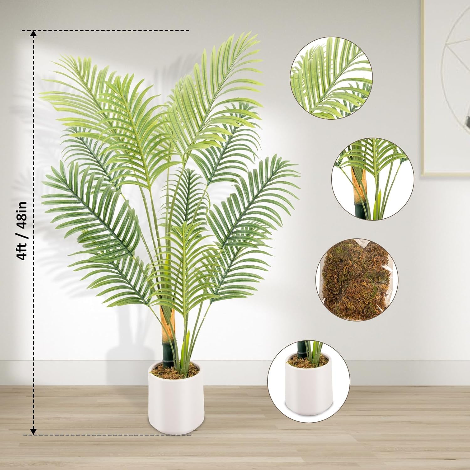 Artificial Fake Palm Tree 4FT 1Pack with White Planter & Free Moss, UV Resistant Artificial Palm Tree for Outdoors, Fake Plants for Poolside Home Room Decor, Faux Plants Outdoor Decor