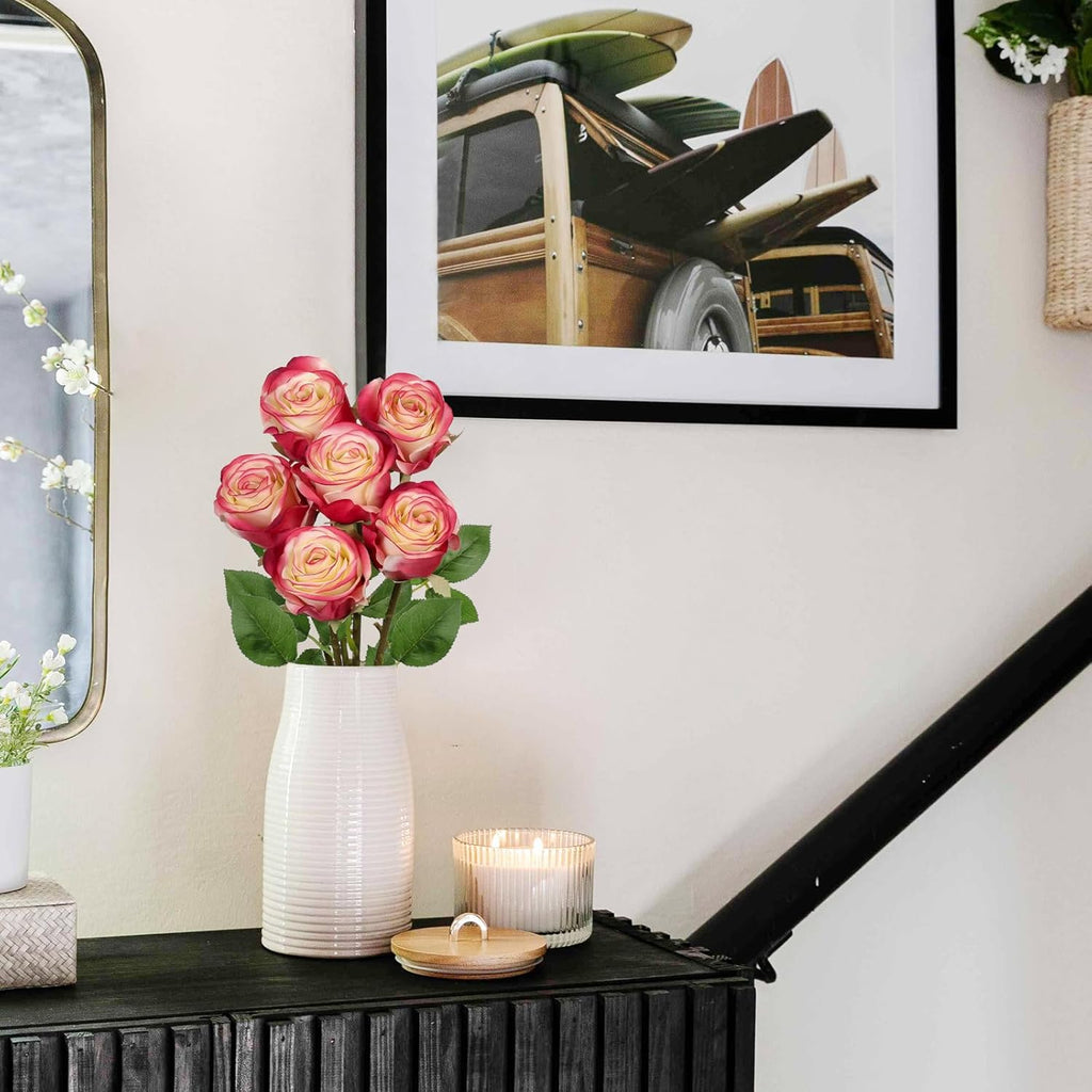 Briful Roses Artificial Flowers– 6PCS 18.9" White Red Rose Silk Flowers with Long Stems Realistic Fake Rose Bouquet for DIY Wedding Arrangements Table Vase Centerpieces Home Event Decor