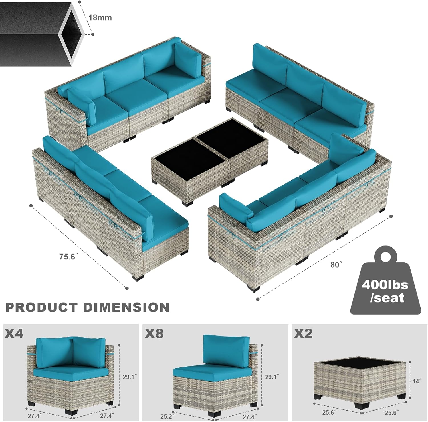 14-Piece Patio Furniture Set, Outdoor Sectional with Thick Cushions, Modular Patio Sofa, Dual-Strand Wicker Rattan, Rust-Resistant Frame, Backyard Furniture for Garden, Deck, Lake Blue
